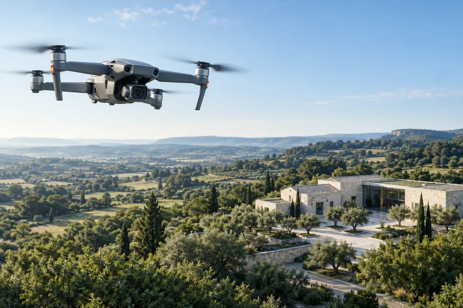 Illustration d’un drone au-dessus d’un lieu culturel dans un paysage verdoyant