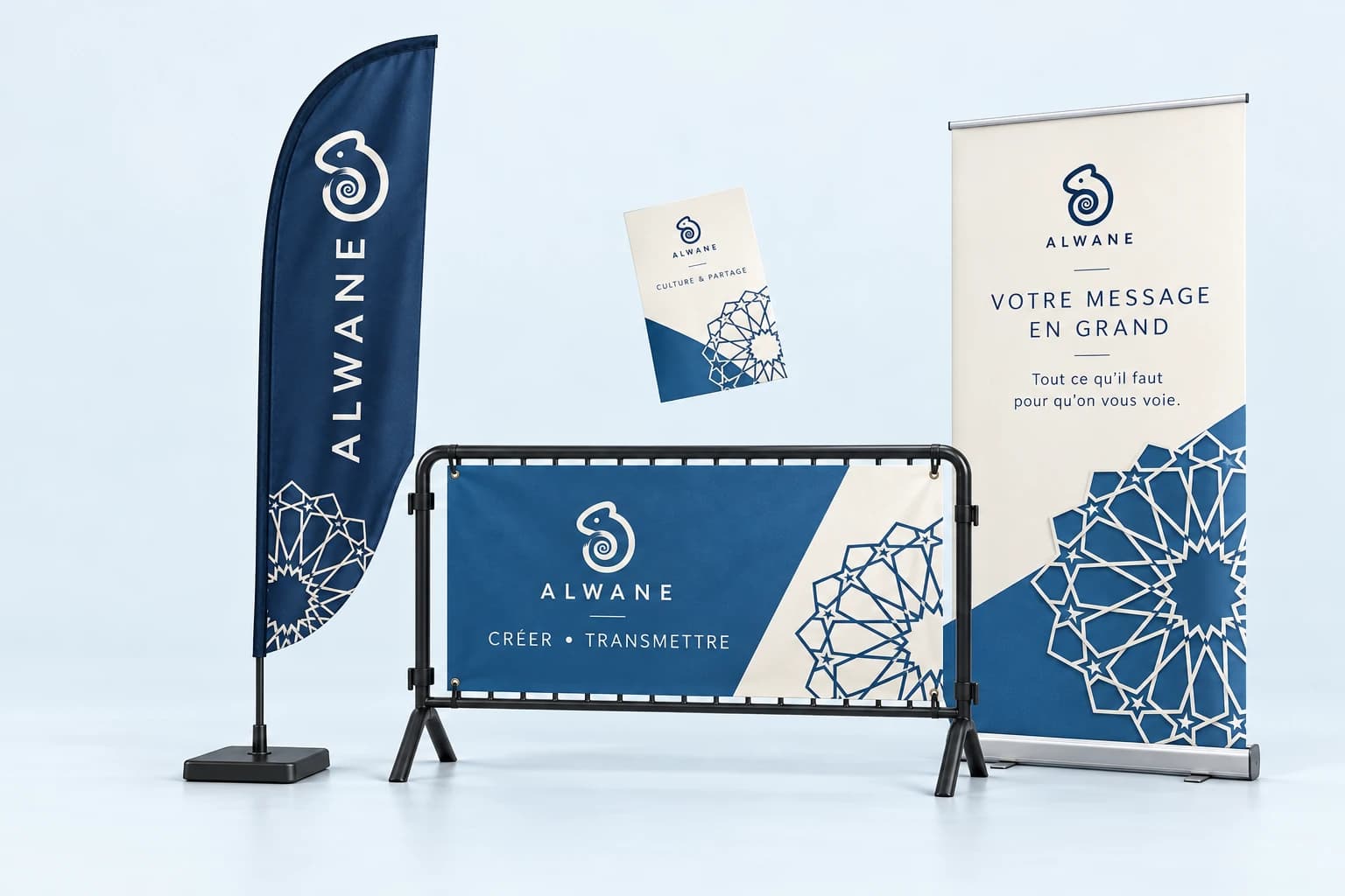 Supports ALWANE : drapeau, roll-up, flyer et banderole sur barrière